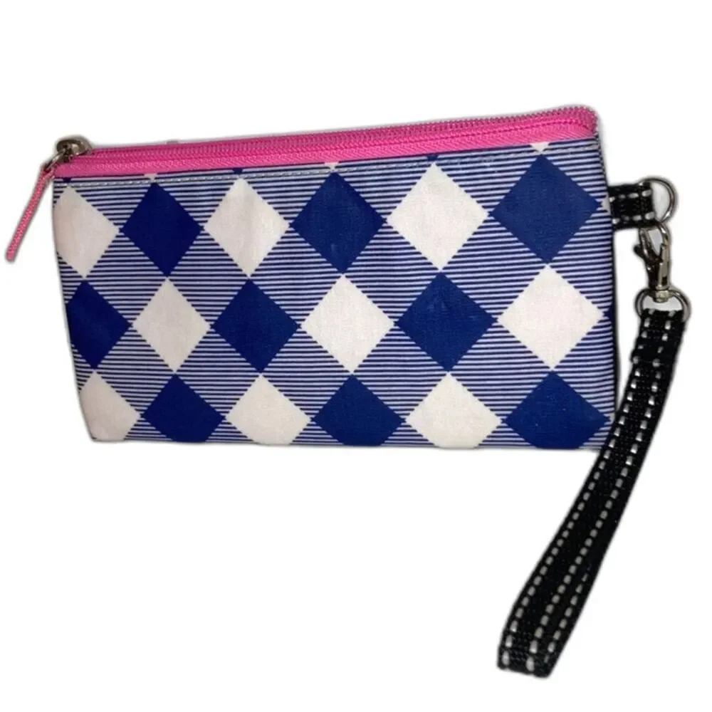 SCOUT Clutch Wristlet Zip Bag Blue and Pink Gingham Checkered 8 x 4.5 inches
